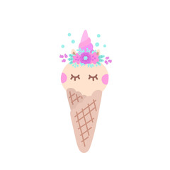 Unicorn ice cream with floral wreath decoration. It can be used for sticker, patch, phone case, poster, t-shirt etc.