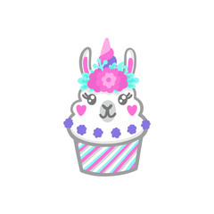 Llama cupcake with floral wreath and horn like unicorn. It can be used for sticker, patch, phone case, poster, t-shirt etc.