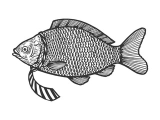 Fish in necktie sketch engraving vector illustration. Scratch board style imitation. Black and white hand drawn image.