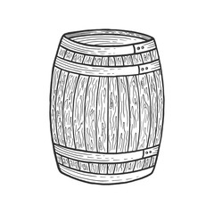 Wine beer wooden barrel sketch engraving vector illustration. Scratch board style imitation. Black and white hand drawn image.