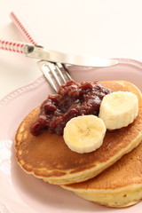 Red bean paste and banana pancake for sweet breakfast image