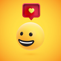 Cute high-detailed yellow 3D emoticon with speech bubble and heart for web, vector illustration