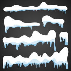 Snow ice. Winter design. Snow and ice. White blue snow pattern. Snow frame decoration isolated on blue background. Christmas, New Year. Frozen ice texture. Snowdrifts. Ice.