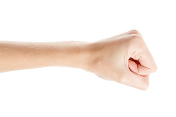 Female hand isolated on white background. White woman's hand showing symbols and gestures. Fist