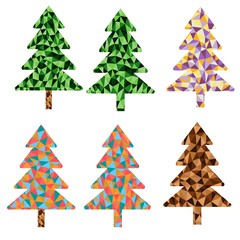 Christmas tree spruce low poly style contour vector set green, brown and multicolored colors