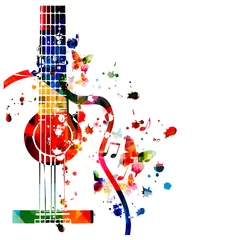 Poster Colorful guitar with music notes isolated vector illustration design. Music background. Music instrument poster with music notes, festival poster, live concert events, party flyer © abstract