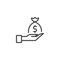 Dollar money bag on hand line icon. linear style sign for mobile concept and web design. Hand give money outline vector icon. Business and finance symbol, logo illustration. Vector graphics