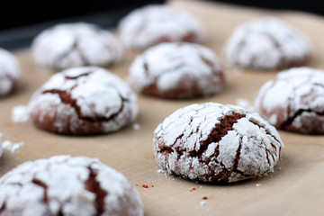Chocolate cookies with cracks close up. dessert concept. cookies for holidayand christmas