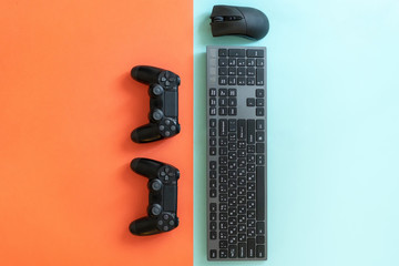  Photo of modern black gamepad colorful background © brizmaker