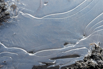 Ice on a frozen puddle in spring mud close up