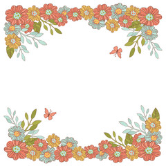 SUMMER FLOWERS Floral Decorative Frame Party Birthday Wedding Invitation Congratulation Holiday Cartoon Vector Illustration Set for Print Fabric and Decoration