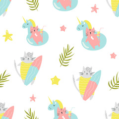 Bright seamless pattern with funny summer cats