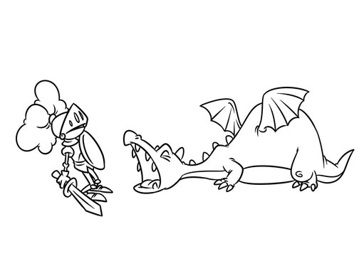 Fairy tale aggression dragon medieval knight cartoon illustration isolated image coloring page