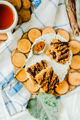 Granola Bars, Healthy Homemade Snack, Superfood Bars with Cranberry, Pumpkin Seeds, Oats, Chia and Flax Seed on rustic background. Top view.