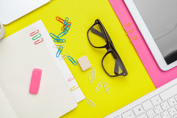 Table top view aerial image of accessories office desk background concept.Flat lay of variety object