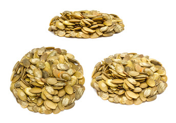 Set of handfuls of seeds from different angles - pumpkin seeds without shell, close up, isolated on white background