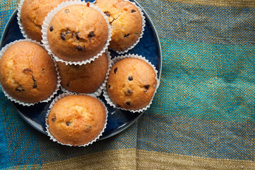 Chocolate Drops Muffins. Delicious sweet dessert. Sweetness to tea. Homemade baking. Treats for children. Popular cupcake.