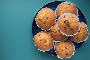 Chocolate Drops Muffins. Delicious sweet dessert. Sweetness to tea. Homemade baking. Treats for children. Popular cupcake.