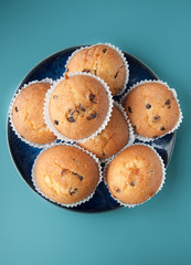 Chocolate Drops Muffins. Delicious sweet dessert. Sweetness to tea. Homemade baking. Treats for children. Popular cupcake.