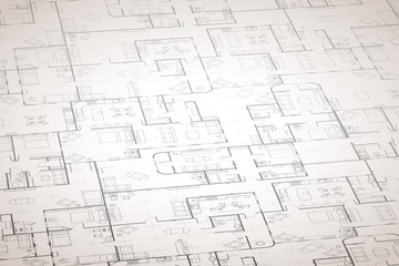Complicated house floor plan with interior details on construction blueprint scheme on white in perspective, detailed background