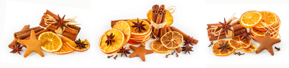 Set of dried oranges, star anise, cinnamon sticks and gingerbread, isolated on white background