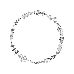 Hand drawn vector round frame with floral elements, herbs, leaves, flowers, twigs, branches