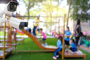 Outdoor CCTV monitoring, security cameras at a school playground.
