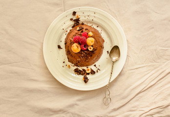 Chocolate mousse with raspberries.Top view.