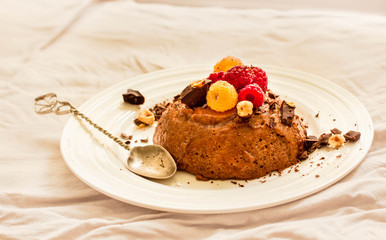Chocolate mousse with raspberries. Copy space for text. Horizontal.Diet detox food concept.