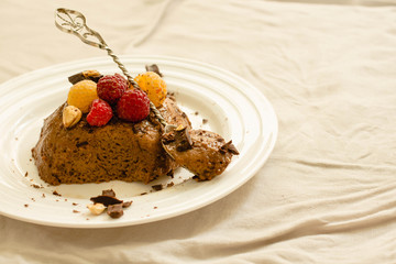 Chocolate mousse with raspberries.Holiday and comfort food concept.