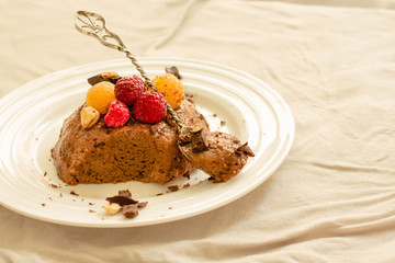 Chocolate cake mousse with raspberries. Horizontal.Diet detox food concept.
