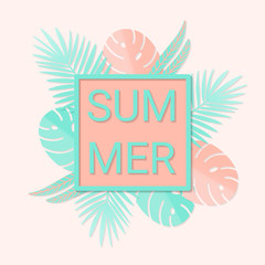 Summer Flat Banner with Tropical Leaves