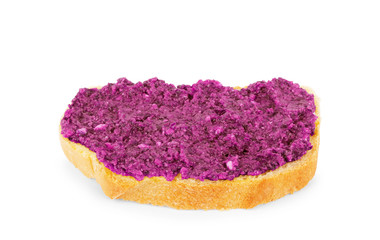 Fresh tasty bruschetta with pesto, basil and parmesan on white background