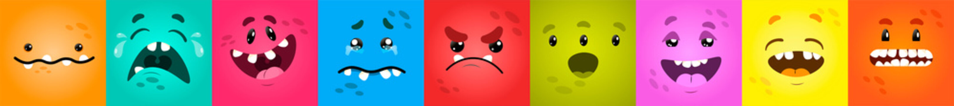 Vector funny square monster faces with different emotions, smiles, emoticon set for messenger, sticker, social media, animation, comic, newsletter, poster, banner, logo, icon, avatar. For April 1
