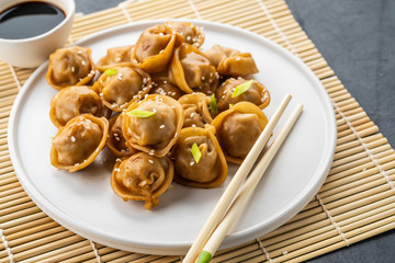 Home made chinese and korean dumplings served on the traditional steamer and bamboo mat decorated with soy sauce, parsley, giner.