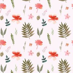 Watercolor seamless pattern of tropical flowers and leaves. Tropic summer print for fabric textile, wrapping paper, clothes. Collage jungle style hand painted illustration. Simple bright design.