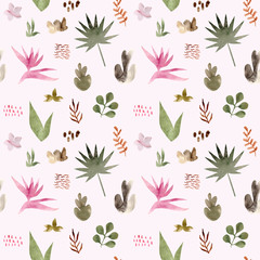 Watercolor seamless pattern of tropical flowers and leaves. Tropic summer print for fabric textile, wrapping paper, clothes. Collage jungle style hand painted illustration. Simple bright design.