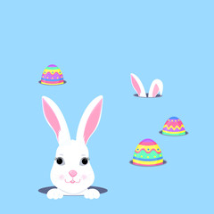 Cute bunny looks out of the hole. Easter egg hunt. White rabbit cartoon character.