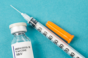 Hepatitis B HBV vaccine vial with syringe.