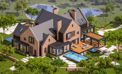 3d rendering of modern cozy clinker house on the ponds with garage and pool for sale or rent with beautiful landscaping on background. Clear sunny summer day with blue sky.