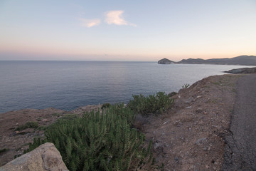 Volcanic coast near Cabo de Gata lighthose Almeria Andalusia Spain