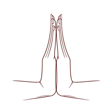 Hands folded in prayer, the thin line graceful, are on a white background. Linear Namaste drawing from India and Holi outline collection. Vector graphics