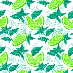Lime and mint seamless pattern. Ink sketch lemons, ginger, mint. Citrus fruit background. Elements for menu, greeting cards, wrapping paper, cosmetics packaging, posters etc