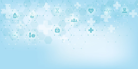 Abstract medical background with flat icons and symbols. Concepts and ideas for healthcare technology, innovation medicine, health, science and research.