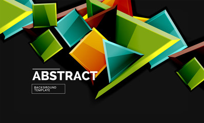 Glossy mosaic style geometric shapes - squares and triangles on black