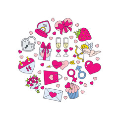 The circle background of valentine's day objects: heart, ring, flowers, cupid, chocolate box, etc. on white. Can be used for greeting cards, invitations, flyers. Vector 8 EPS