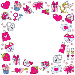 The circle frame of valentine's day elements with blank space for your text. Doodle vector illustration. Template design for greeting cards, party invitations, flyers etc.