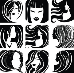 set of Illustrations of woman with beautiful hair. Black and white. Can be used for beauty salon