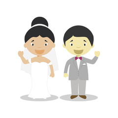 Obraz na płótnie Canvas Oriental mestizo bride and oriental bridegroom Interracial newlywed couple in cartoon style Vector illustration
