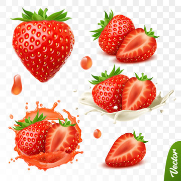 3d realistic transparent isolated vector set, whole and slice of strawberry, strawberry in a splash of juice with drops, strawberry in a splash of milk or yogurt